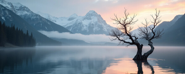  A lone, leafless tree stands resiliently in the calm, misty waters of a lake at dawn, with snow-covered mountains in the distance.