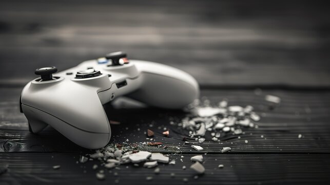 Broken game controller lying on wooden table with damaged buttons and visible cracks, representing frustration and limitation in gaming or technology.