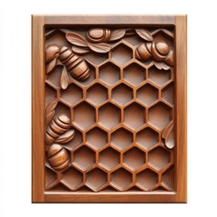 Obraz premium Wooden Carved Panel with Bees and Honeycomb, Decorative, Craft