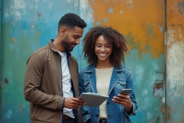 Team working together on digital tablet while standing against colored background