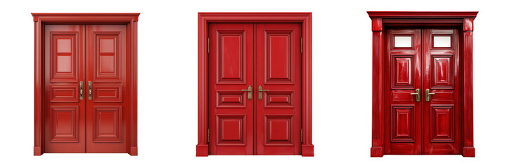 Set of red double doors, isolated on a transparent background.
