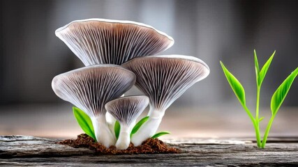 Mushrooms and Sprout on Wood - Three delicate mushrooms emerge from the soil beside a vibrant green sprout growing from aged wood. The scene evokes a sense of natural growth and renewal.
