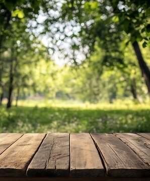 empty wooden table and green grass