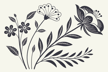 retro folk art, scandinavian minimalist floral pattern, black and white botanical illustrations, mid century modern abstract natural designs © MstTaslima