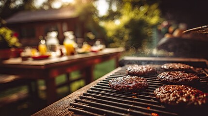 Burgers sizzling on a backyard grill, sunny day, wooden table, garden