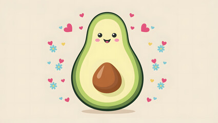 Kawaii Happy Avocado with Pastel Background – Cute Fruit Vector Illustration