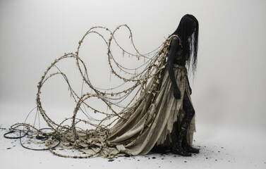 Woman in Textured Book Page Dress with Wire Structure