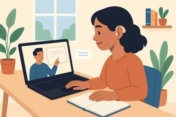Illustration of Young Woman with Hearing Aid Attending Online Class on Laptop in Bright Modern Room