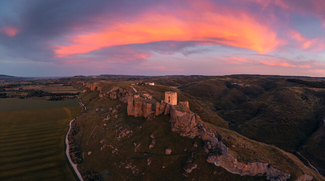 Scenic view of Oreja Castle at sunset in Toledo, Spain