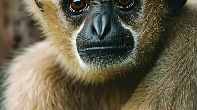 A detailed close-up of a gibbons face, showing its expressive eyes and fur.