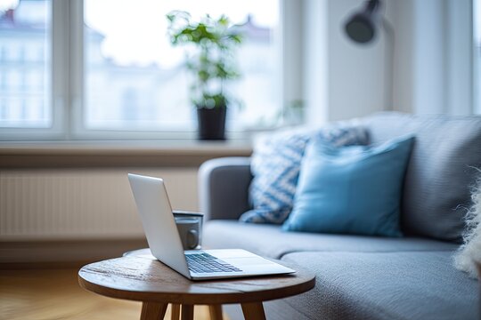 A laptop sits on a wooden side table in a cozy living room. A gray couch with blue patterned throw pillows is in the background. Blurred city view through a window
