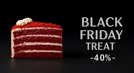 Red velvet cake with promotional text for Black Friday discount  