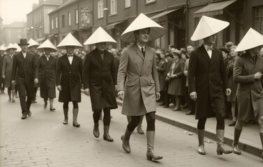 Obraz premium Procession of Men in Conical Hats and Knee-Length Coats