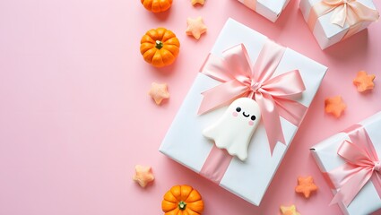 Halloween gifts pink background cute ghost autumn pumpkins presents party celebration holiday