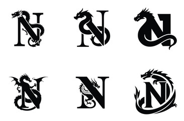 A bold letter N logo with a dragon silhouette integrated into the letter, clean black and white vector, high contrast, professional design, no background