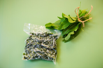 Fresh and frozen sorrel on a green background