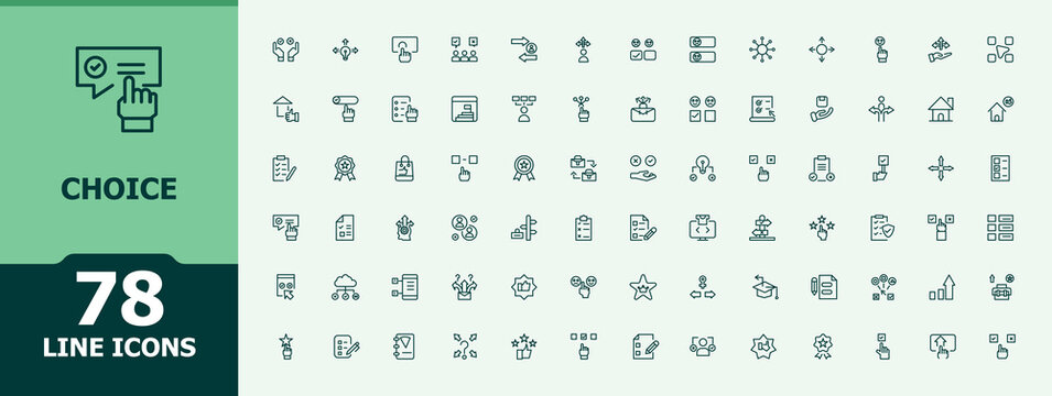 Choice linear icon set. Minimal icons pack. Editable stroke vector art. Choose icon set. Includes thin line symbols election, select, decision, decide, direction, alternative and more.