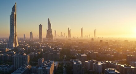 Modern city skyline at sunset panorama