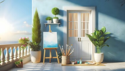 Sunny Blue Patio with Artist's Easel and Potted Plants