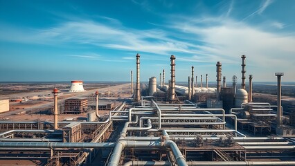 Fototapeta premium An expansive industrial refinery stretches under a clear blue sky, filled with intricate pipelines.