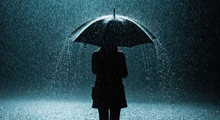 Silhouette of person under umbrella in rain