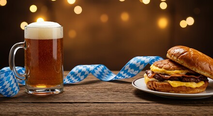 Beer mug and burger on wooden table with festive decorations  