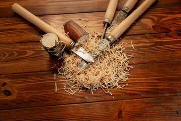 Workshop with tools on wooden table