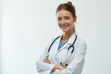 Happy female doctor with stethoscope on white background
