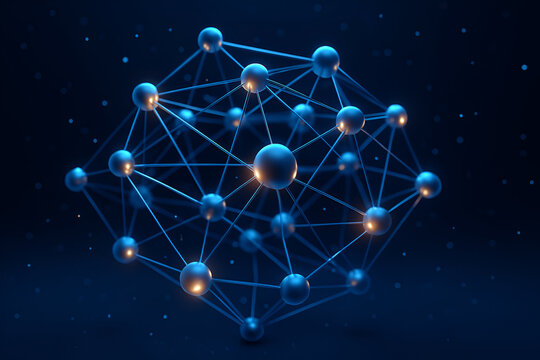 A high-quality 3D abstract render of a neural network structure with glowing data points and connecting lines. Floating in a dark digital space, ideal for representing artificial intelligence