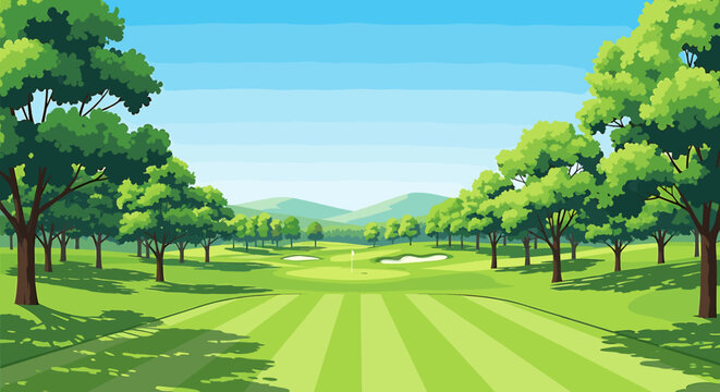 Serene golf course landscape featuring lush green fairways, mature trees, and distant rolling hills under a bright summer sky.
