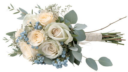 Elegant Wedding Bouquet of Roses with Blue Berries on Transparent Background