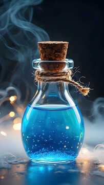 Potion bottle magic elixir blue liquid cork stopper smoke fantasy mystical witchcraft brew