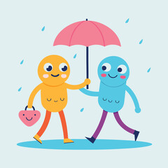 Two cheerful cartoon characters sharing an umbrella on a rainy day