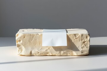 Rustic Cheese Block with Paper Label on White Surface Food Photography
