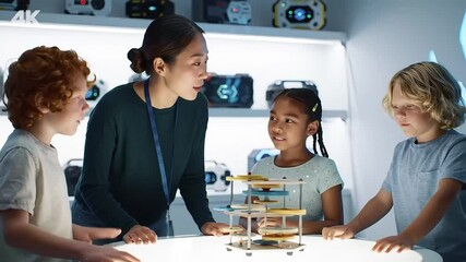 Woman, encouraging, teaching STEM to kids, in a modern classroom - Powered by Adobe