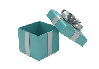 An open turquoise gift box with a silver ribbon isolated on transparent background