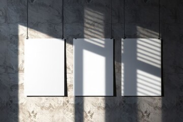 Three Blank Posters Hanging on Textured Wall Mockup Design Template