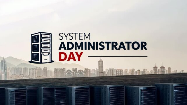 System Administrator Day graphic with cityscape and servers.