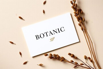 Botanic Logo Design with Dried Flowers and Leaves on Beige Background