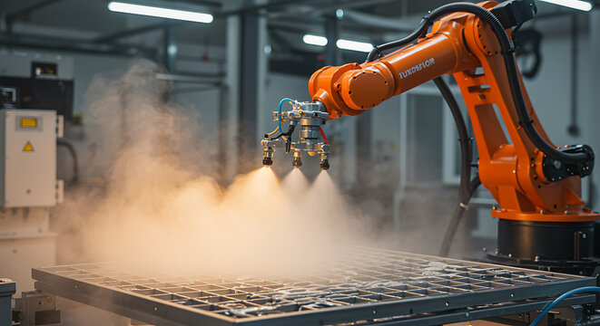 Industrial robot arm spraying a metal sheet with a coating in a factory setting.