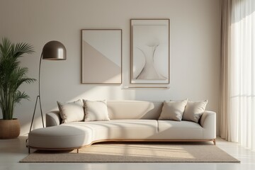 Stylish living room with a curved sofa, modern art, and a large floor lamp. Neutral colors and minimalist design offer a perfect space for relaxation. Template.