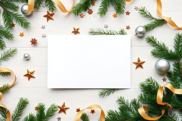 Christmas Festive Decoration with Pine Branches Ribbon Ornaments Blank Card Mockup