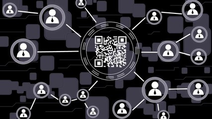 Businessman presses button qr code product network internet web interface.