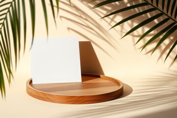 Wooden Platform Palm Shadow Display Mockup Product Presentation Still Life
