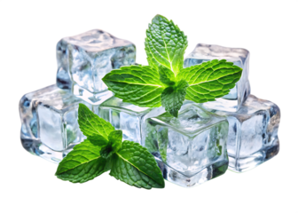 crystal ice cubes with mint leaf isolated on white background,png,ai generated.