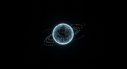 Futuristic Glowing Sphere with Orbiting Rings and Digital Data on Black Background