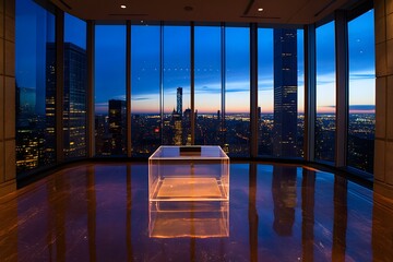 A podium made of clear acrylic placed in a corporate boardroom with floor to ceiling windows showing a bustling city sky