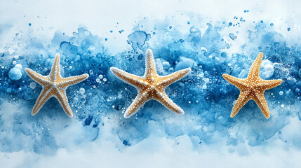 Coastal Starfish on Abstract Blue Watercolor Background