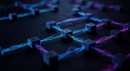 Futuristic Network of Illuminated Cubes Connected by Glowing Energy Lines