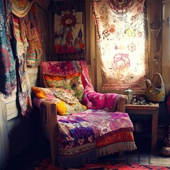 Cozy corner with colorful patchwork textiles